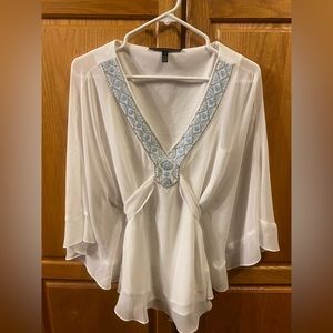 White House Black Market Womens S White Sheer Beaded Tie Back Blouse Top